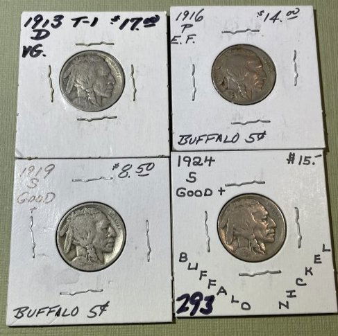1913-D TY-I, 1916-P, 1919-S, 1924-S GOOD-EF Circulated Conditions Buffalo Nickels as Pic'd (1 of 6)