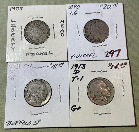 (2) 1913-D Type-I BUFFALOS G/VG & (2) HIGHER GRADE LIBERTY V-NICKELS as Pictured. (1 of 8)