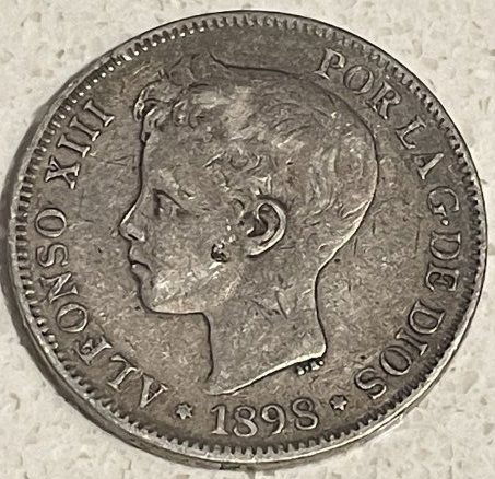 Spain 1898 (98) 5-Pesetas Silver Coin w/6-Pointed Star KM# 707 in Circulated Condition. (1 of 2)