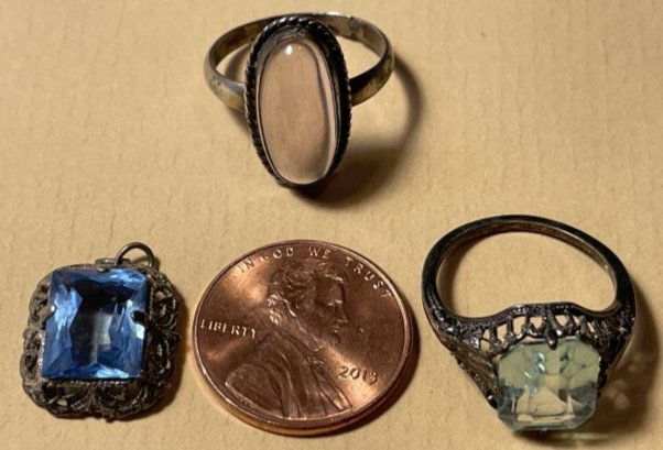 3-Vintage/Antique Dainty Rings & Pendant (Ring Sizes 4.75 & 5.25) Preowned from an Estate: 3-Vintage/Antique Dainty Sterling Silver Rings & Pendant (Ring Sizes 4.75 & 5.25) Preowned from an Estate as Pictured. $5 Domestic Shipping.