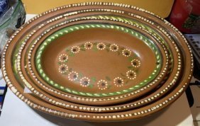 3-Vtg Native Mexican Terra Cotta/Redware Folk Art Hand Painted Serving Bowls Set ....: 3-Vintage Native Mexican Redware/Terra Cotta Folk Art Hand Painted Serving Bowls Set 13.5”, 11.5”, & 9.5” as Pictured. $18 Domestic Shipping.