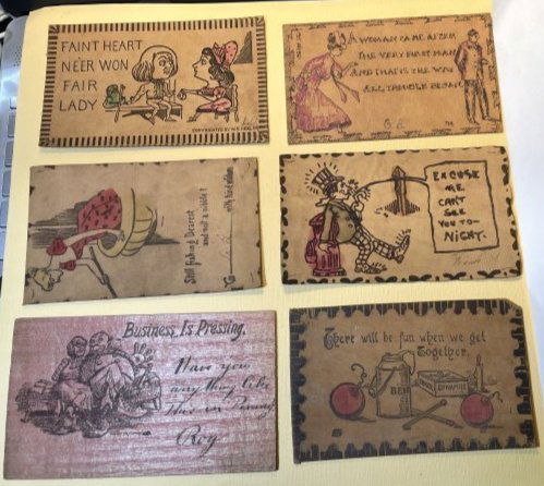 (6) Victorian Era Early 1900's Leather & Wood Postcards Preowned from an Estate. (1 of 3)
