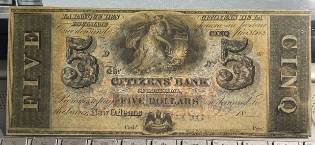 1860's CITIZENS BANK $5 OBSOLETE CURRENCY NEW ORLEANS, LA NOTE CONDITION AU/CU CONDITION (1 of 4)