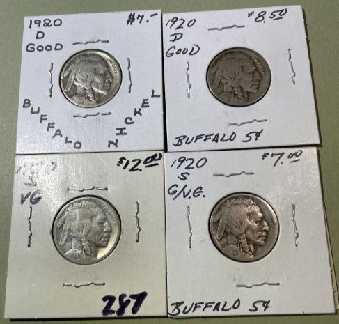 (2) 1920-D, (2) 1920-S AG/GOOD Circulated Conditions Buffalo Nickels as Pictured. (1 of 6)