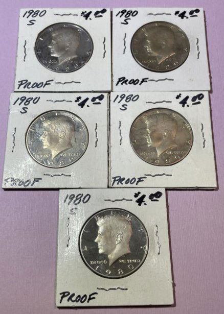 (5) 1980-S PROOF CLAD KENNEDY HALF DOLLARS AS PICTURED. (1 of 2)