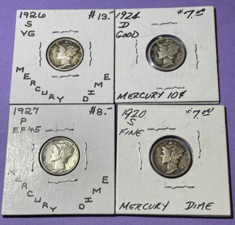 1920-S, 1924-D, 1926-S, 1927-P Nice Circulated Conditions Mercury Head Silver Dimes.. (1 of 4)