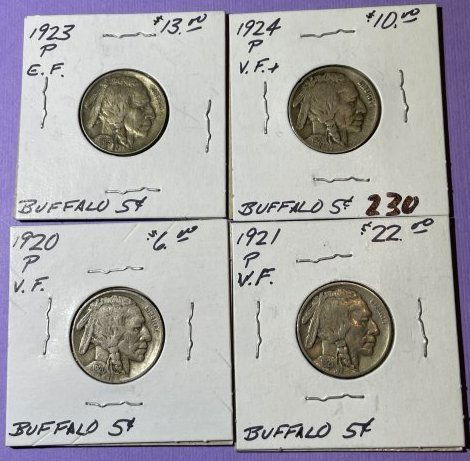 1920-P, 1921-P, 1923-P, 1924-P VF Circulated Conditions Buffalo Nickels as Pictured. (1 of 6)