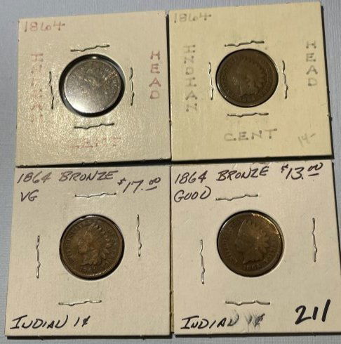 (4) 1864 Bronze Good/VG Circulated Conditions Indian Head Cents as Pictured. (1 of 6)