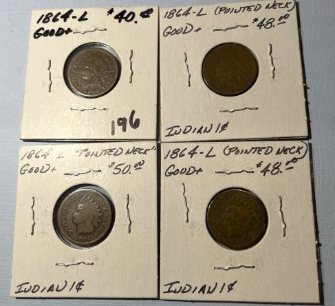 (4) 1864-L Pointed Neck Variety Good Conditions Indian Head Cents as Pictured. (1 of 6)
