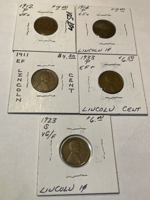 1914-P, 1933-P, 1923-S, 1911-P, 1912-P VG-EF Conditions Lincoln Cents as Pictured. (1 of 6)