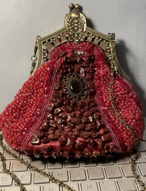 Vtg 1970s Red Stone & Sequence Evening Bag 8" Tall x 7" Wide in VG Preowned Condition (1 of 6)