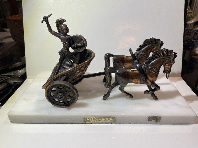 Vtg Achilles (Ahilleys) Chariot Horses Metal Statue Sculpture w/Marble Base 11" x 5"... (1 of 9)