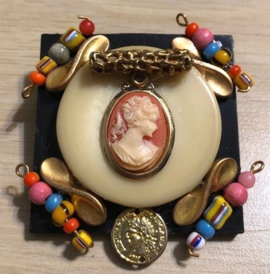 Handmade Unique Repurposed Fashion Jewelry Pin Lot #245 on a 2" x 2" Base as Pictured. (1 of 3)