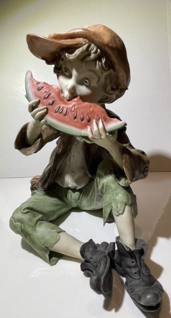 Vtg Capodimonte Boy w/Watermelon Alabaster Figurine No Wooden Base Preowned 7" Tall: Vintage Capodimonte Boy w/Watermelon Alabaster Figurine No Wooden Base Preowned from an Estate (7" Tall). (May have a couple of Contact Flecks). $15 DOMESTIC SHIPPING.