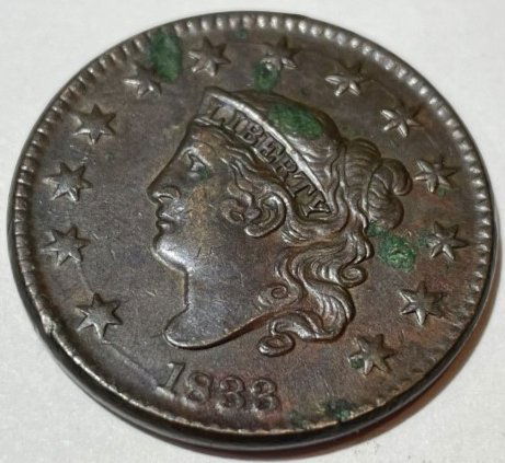 1833 AU Condition/Spotted Coronet Head Large Cent Decent nice Luster as Pictured. (1 of 2)