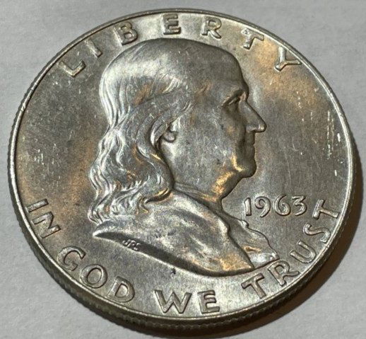 1963-D AU/UNC Condition Silver Franklin Half Dollar as Pictured. (1 of 2)