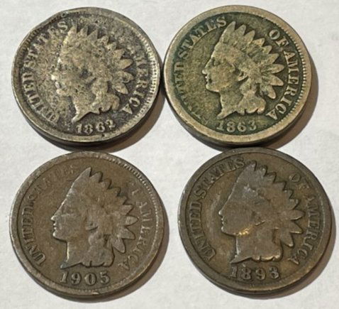 1862, 1863, 1893 8/8 Re-Cut Date, & 1905 Circulated Conditions Indian Head Cents as Pic'd. (1 of 2)