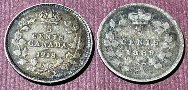 Canada 1889 & 1918 Circulated Condition 5-Cent Silver Coins as Pictured. (1 of 2)