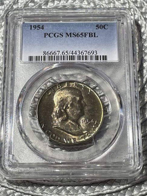 PCGS Certified 1954-P MS65 FBL Condition w/Top of Roll Toning Franklin Silver Half Dollar as Pic'd (1 of 4)