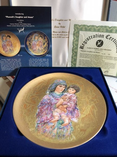 Edna Hibel Famous Women & Children Pharaoh's Daughter & Moses Collector Plate in Original Box: Edna Hibel Famous Women & Children Pharaoh's Daughter & Moses Collector Plate in Original Box with Papers. $15 Domestic Shipping.