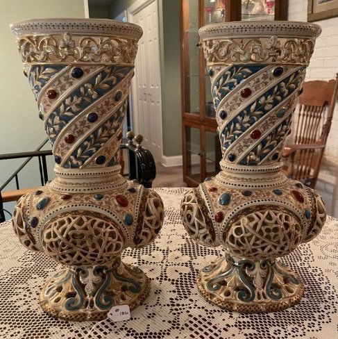 Rare Pair of Vtg FISCHER J. Budapest Zsolnay 14" Vases Pierced & Jeweled Vases Preowned: Rare Pair of Vintage FISCHER J. Budapest Zsolnay 14" Vases Pierced & Jeweled Vases Preowned from an Estate in Excellent Condition as Pictured. FREE Local Pickup Only from Berlin NJ 08009