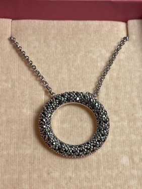 Vintage Sterling Silver Marcasite Circle Pendant & Chain 16-18" Adjustable Size Preowned: Vintage Sterling Silver Marcasite Circle Pendant & Chain 16-18" Adjustable Size Preowned in VG Condition. (Pendant 1" in Diameter). $5 Domestic Shipping.