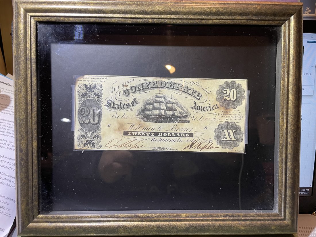 Confederate States of America Richmond Va July 25th, 1861 $20 Banknote Serial Number 58337: Confederate States of America Richmond Va July 25th, 1861 $20 Banknote Serial Number 58337 Nicely Box Framed as Pictured. $15 Domestic Shipping.