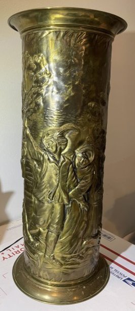 Vintage Brass Umbrella Stand Made in England Measures 19.5" Tall, Base is 8" Diameter.: Vintage Brass Umbrella Stand Made in England Measures 19.5" Tall, Base is 8" Diameter. Has removable insert for holding water from dripping umbrellas. Good Preowned Condition as Pictured. $20 Domestic