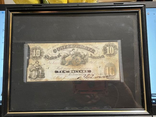 Scarce Confederate States of America Richmond Va July 25th, 1861 $10 Banknote Framed as Pictured. (1 of 7)