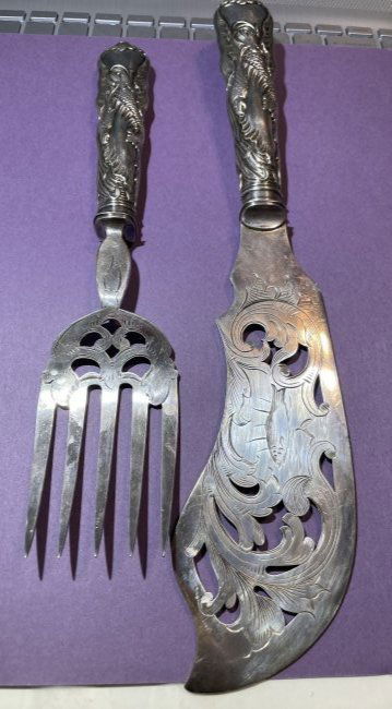 Antique Victorian Engraved Silver Plate Lg Fish Slice Knife Fork Serving Set Engraving by JN (1 of 10)