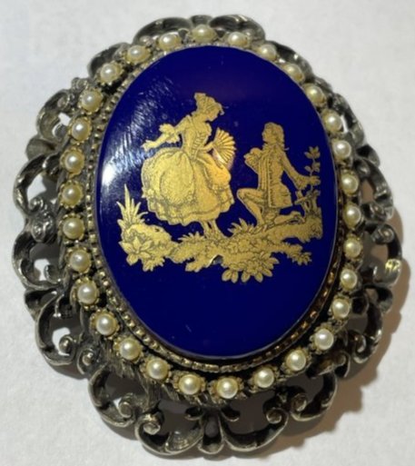 Vtg Cobalt Glass Limoges Cameo Pin or Pendant w/Pearlware Accents in Good Condition.: Vintage Cobalt Glass Limoges Cameo Pin or Pendant w/Pearlware Accents in Good Preowned Condition. $5 Domestic Shipping. (On Multiple Jewelry Lots Won, the Postage Fee will be Combined or Adjusted Acco