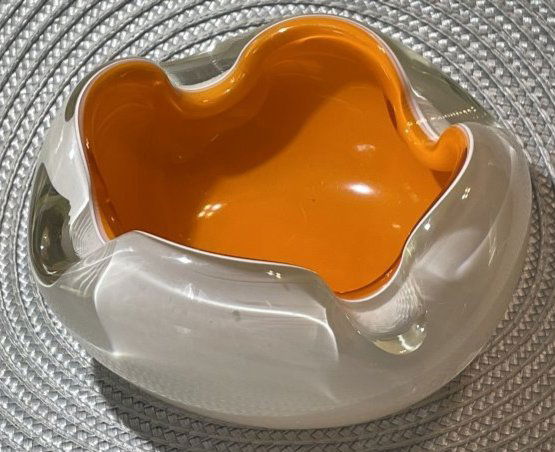 Vintage Mid-Century MURANO Orange/White Art Glass Ashtray 5.5" in Diameter. (1 of 3)