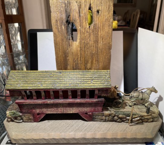 Vtg Amish Wood & Resin Hand Made Horse Wagon/Covered Bridge Scene 11.75" x 14.50": Vintage Amish Wood & Resin Hand Made Horse Wagon/Covered Bridge Scene 11.75" x 14.50" on Repurposed Wood as Pic'd. FREE Domestic Shipping.