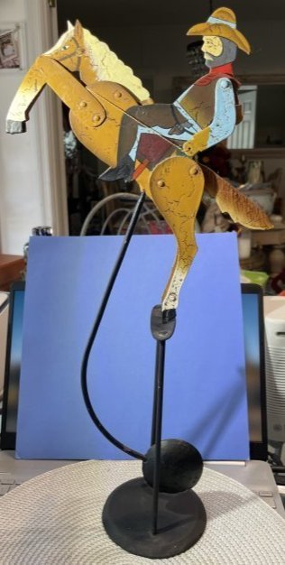 Vtg Hand Painted Metal American Pendulum Fulcrum Balance Toy Cowboy on Horse w/Stand: Vintage Hand Painted Metal American Pendulum Fulcrum Balance Toy Cowboy on Horse w/Stand as Pictured. FREE Domestic Shipping.
