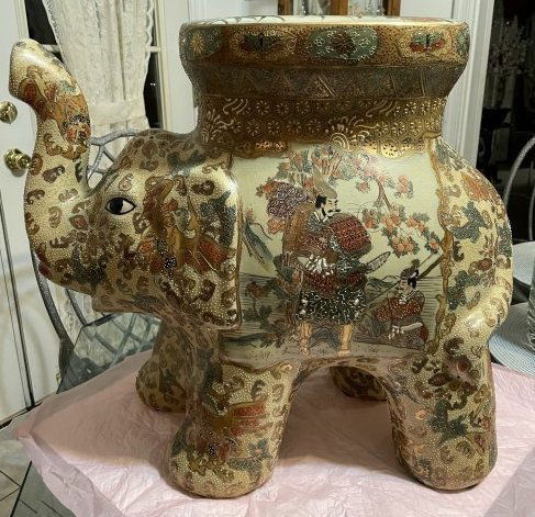Vintage SATSUMA Painted Ceramic Elephant Garden Seat/Plant Stand 18 1/2"T X 20"L: Vintage SATSUMA Painted Ceramic Elephant Garden Seat/Plant Stand: Floral Painted Design with Chrysanthemums, and Traditional Satsuma Pectorals. Elephant Trunk Is Up for Good Luck. 18 1/2"T X 20"L X 12