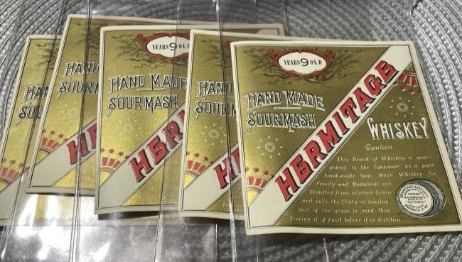 5-Vintage HERMITAGE Hand Made Sour Mash Kentucky Whiskey Unused Labels as Pictured.: 5-Vintage HERMITAGE Hand Made Sour Mash Kentucky Whiskey Unused Labels as Pictured. FREE Domestic Shipping.