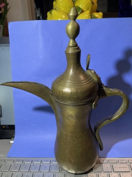 Antique Arabic All Brass Pitcher (Dallah) Coffee Pot circa1900 in Good Preowned Condition.: Antique Arabic All Brass Pitcher (Dallah) Coffee Pot circa1900 in Good Preowned Condition. $12 Domestic Shipping. (On Multiple Lots Won, the Shipping Fees will be combined or Adjusted Accordingly)
