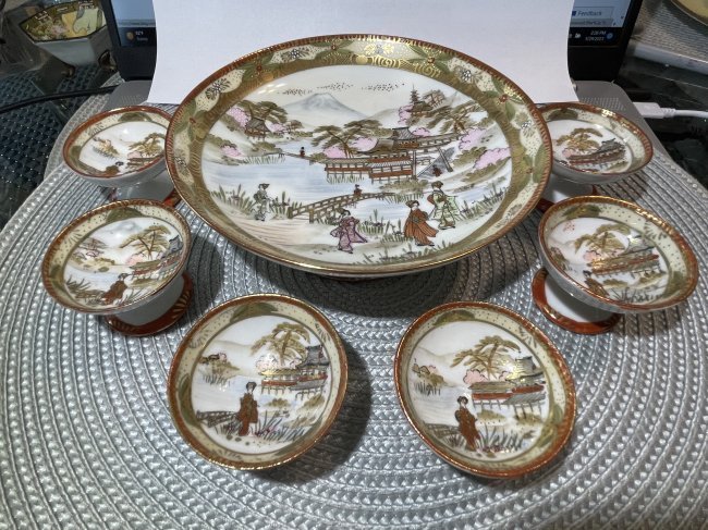 Vtg Nippon of Japan Porcelain Set of Hand Painted Serving Dish 6" Diameter w/6 Pedestals SALTS: Vintage Nippon of Japan Porcelain Set of Hand Painted Serving Dish 6" Diameter w/6 Pedestals SALTS in VG Preowned Condition. $15 Domestic Shipping. (On Multiple Lots Won, the Shipping Fees will be com