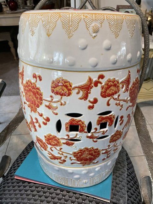 Chinese Style Orange & White Glazed Porcelain Garden Stool 18.5" Tall and 11" Diameter Top (1 of 6)