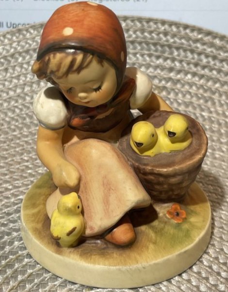 Hummel "Chick Girl" Girl w/Basket & Chicks- #57/0 TMK3 3.75" Tall in Good Preowned Condition.: Hummel "Chick Girl" Girl w/Basket & Chicks- #57/0 TMK3 3.75" Tall in Good Preowned Condition. $10 Domestic Shipping.