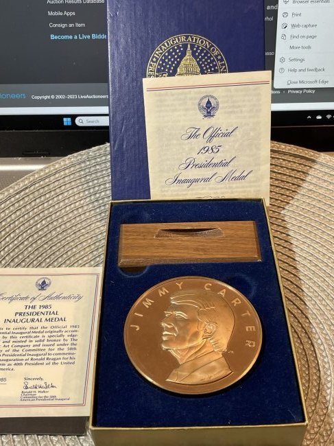 1977 Solid Bronze JIMMY CARTER Inauguration Medal in Original Box with Papers as Pictured.: 1977 Solid Bronze JIMMY CARTER Inauguration Medal 3" Diameter in Original Box with Papers as Pictured. $8 Domestic Inhouse Shipping.