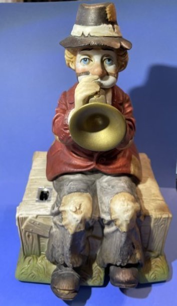 Vintage WACO Melody in Motion Bisque Porcelain Willie Trumpeter Clown Music Box 11.5" Tall: Vintage WACO Melody in Motion Bisque Porcelain Willie Trumpeter Clown Music Box 11.5" Tall in Good Working Order. $18 Domestic Shipping.