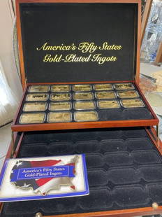 America's Fifty States 18k Gold Plated Ingots Partial Set in Walnut Case (18 Ingots) as Pictured.: America's Fifty States 18k Gold Plated Ingots Partial Set in Walnut Case (18 Ingots) as Pictured.