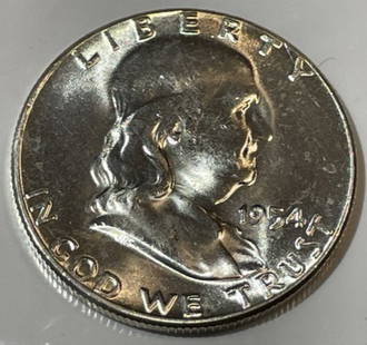 1954 Choice Uncirculated Condition Franklin Silver Half Dollar (MS64/65 Quality).: 1954 Choice Uncirculated Condition Franklin Silver Half Dollar (MS64/65 Quality). $5 Domestic Inhouse Shipping.