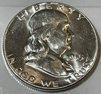 1955 Uncirculated Condition Franklin Silver Half Dollar (MS60/63 Quality).: 1955 Uncirculated Condition Franklin Silver Half Dollar (MS60/63 Quality). $5 Domestic Inhouse Shipping.