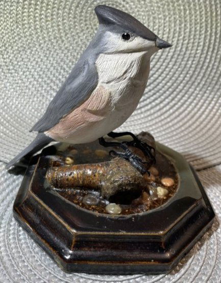 Hand Carved & Hand Painted Signed by Artist Wooden Bird on Log with Custom Made Base. Dated 1992 (1 of 7)