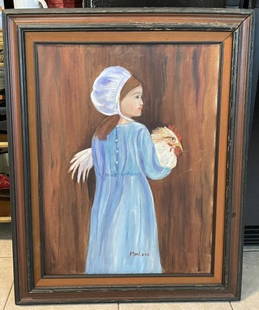 Vintage Amish Girl Holding Rooster/Chicken Oil/Acrylic Painting by Marlene Frame Size 23.5" x 30": Vintage Amish Girl Holding Rooster/Chicken Oil/Acrylic Painting by Marlene Frame Size 23.5" x 30" in Good Preowned Condition. (FREE LOCAL PICKUP ONLY IN BERLIN NJ 08009 or the Buyer can also make thei