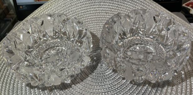 Vtg Pair of Very Heavy Etched Leaded Glass Crystal Ashtrays 4.5" Diameter in VG Preowned Condition: Vintage Pair of Very Heavy Etched Leaded Glass Crystal Ashtrays 4.5" Diameter in VG Preowned Condition. No Chips or Flecks. $15 Domestic Inhouse Shipping.
