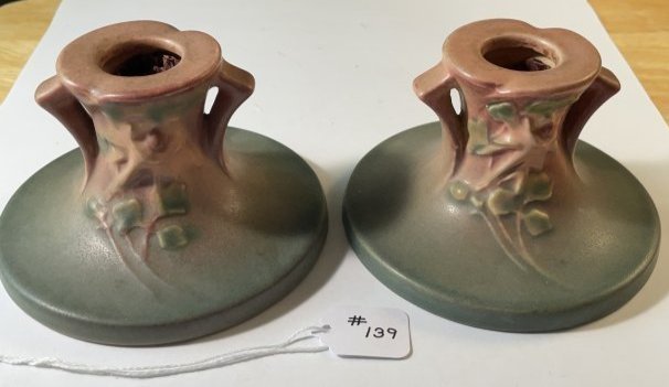 Pair of Vintage Roseville Columbine Pink Candle Holders in VG Condition as Pictured.: Pair of Vintage Roseville Columbine Pink Candle Holders in VG Condition as Pictured. $15 DOMESTIC INHOUSE SHIPPING.