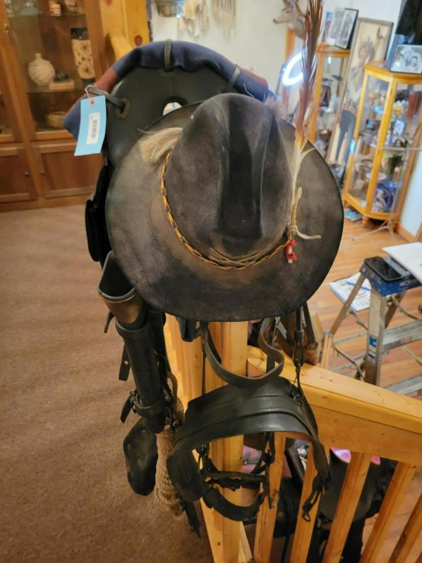 Indian Wars U.S. McCullen Saddle with 12 inch seat, with Saddle Bags, Breastcollar (rare): Military US Buttons, Rope, Brass Throat Rifle Scabbard Blank US Bridle and Bit, Canteen, Picket Rope, Single Spur, Original Blankets